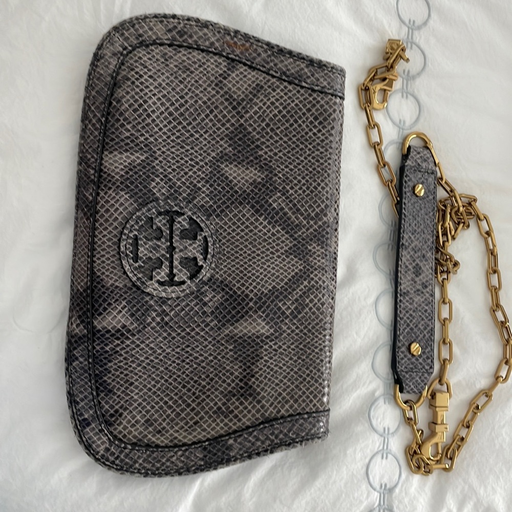 Tory Burch snake skin clutch with gold detachable strap